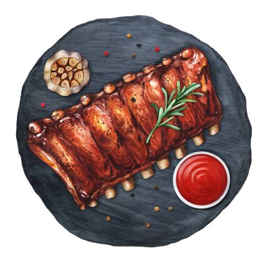 Biberiye ve sosla servis edilen baharatlı barbekü pirzolası. Amerikan Mutfak Konsepti. Üst Manzara. Suluboya el çizimi çizimi. Menü, yemek kitabı ve restoran için uygun