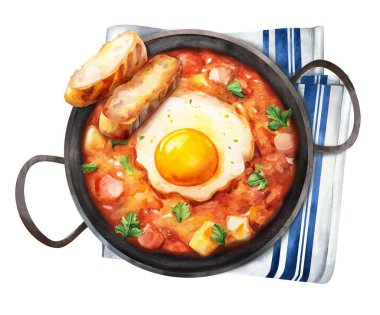 Sebzeli pisto manchego kızarmış yumurtalı sebze pişirip kızartma tavasında servis edilir. İspanyol yemeği. El yapımı suluboya çizimi. Menüler, yemek kitabı ve restoran için uygun