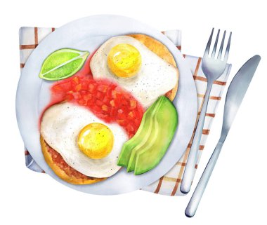 Huevos divorciados fried eggs on corn tortillas with salsa. Mexican cuisine concept. Watercolor illustrations national Mexican food. Suitable for restaurant, menu and cookbook clipart