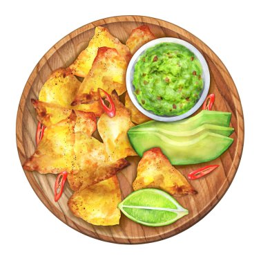 Meksika cipsi, guacamole, chile ve limon. Meksika mutfağı konsepti. Suluboya resimler, ulusal Meksika yemekleri. Restoran, menü ve yemek kitabı için uygun