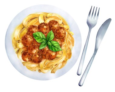 Köfte soslu Fettuccine makarna. İtalyan ev yapımı makarna. El yapımı suluboya çizimi. Menüler, yemek kitabı ve restoran için uygun