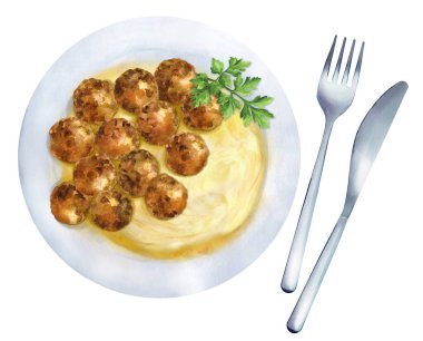 Meatballs and mashed potatoeson white plate. Simple homemade food. Top view. Watercolor hand drawn illustration. Suitable for menus, restaurants and cookbook clipart