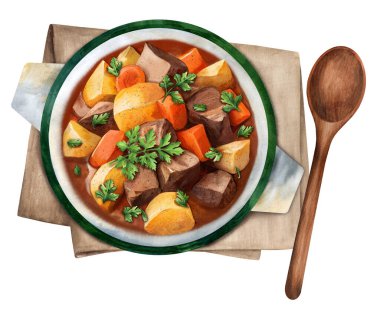 Tasty beef stew with vegetables and herbs. Simple homemade food. Top view. Watercolor hand drawn illustration. Suitable for menus, restaurants and cookbook clipart