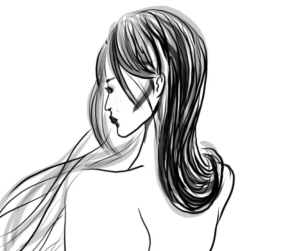 Sketch Woman Standing Back Long Hair Outline Digiyal Drawing — Stock Photo, Image