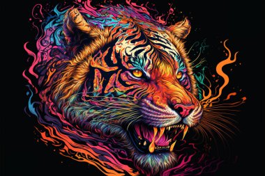 Psikedelik tarzda arka planda renkli kaplan, Gökkuşağı kaplanı fantezisi, Neon kaplanı