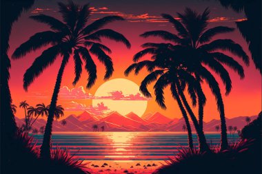 80's or 90's retro sunset landscape, Evening on the beach with palm trees, Colorful picture for rest. Palm trees at sunset clipart