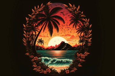 80 'li ya da 90' lı yılların retro günbatımı manzarası, plajda palmiye ağaçları, dinlenmek için renkli bir resim. Gün batımında palmiye ağaçları