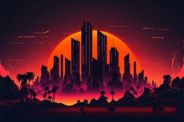 80 'lerin Retro bilim kurgu geçmişi Night City Skyline, Synthwave parlayan neon ışıklı uçak güneş ve şehir silueti, siber punk ve retro dalga çizimi