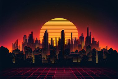 80 'lerin Retro bilim kurgu geçmişi Night City Skyline, Synthwave parlayan neon ışıklı uçak güneş ve şehir silueti, siber punk ve retro dalga çizimi