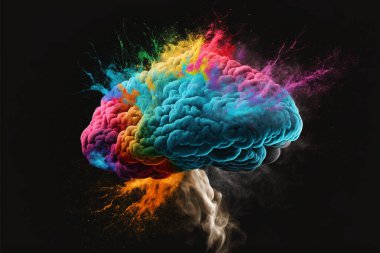 Bulutlu, renkli toz patlaması. Siyah zemin üzerinde patlayan renk tozunun dondurucu hareketi, bilgi ve yaratıcılıkla patlayan insan beyni sanatı kavramı.
