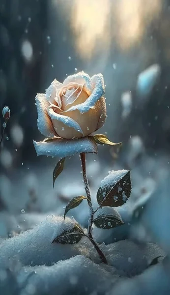 Jasnoniebieski Lód Róża Śniegu Wokół Drzew Piękne Małe Kwiaty Promień — Zdjęcie stockowe