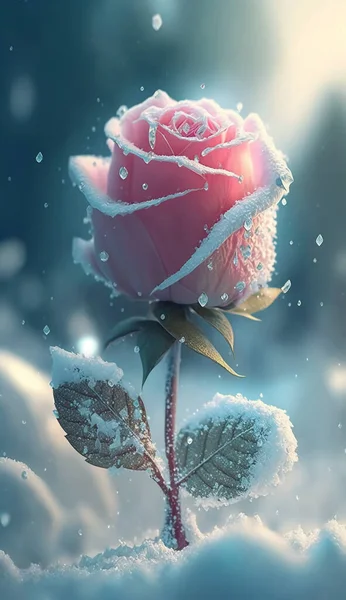 Una Rosa Hielo Azul Claro Nieve Alrededor Los Árboles Hay — Foto de Stock