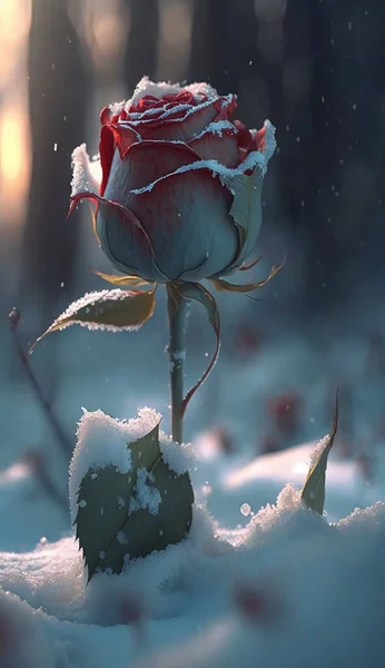 Una Rosa Ghiaccio Azzurro Nella Neve Intorno Agli Alberi Sono — Foto Stock