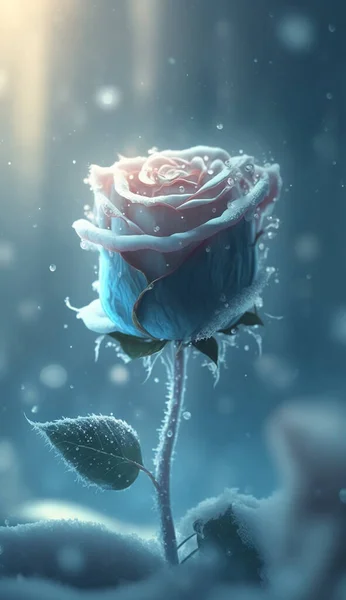 Una Rosa Hielo Azul Claro Nieve Alrededor Los Árboles Hay — Foto de Stock