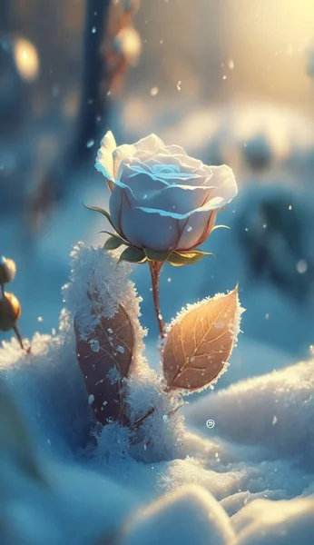Jasnoniebieski Lód Róża Śniegu Wokół Drzew Piękne Małe Kwiaty Promień — Zdjęcie stockowe