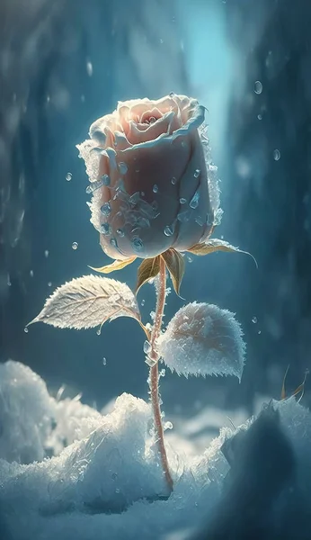 Світло Блакитний Лід Піднявся Снігу Навколо Дерев Красиві Маленькі Квіти — стокове фото