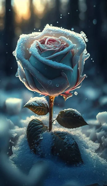 Une Rose Glace Bleu Clair Dans Neige Autour Des Arbres — Photo