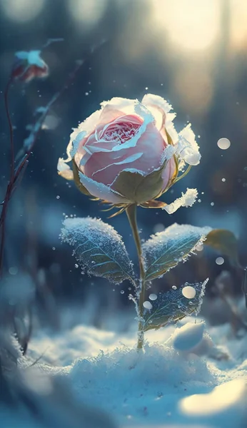Light Blue Ice Rose Snow Trees Beautiful Little Flowers Ray — Stock Photo, Image