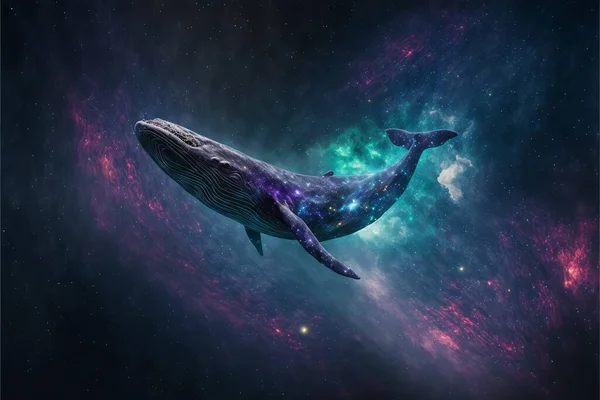 Whale in space floating, Whale outer space travel concept, whale flying in the beautiful sky
