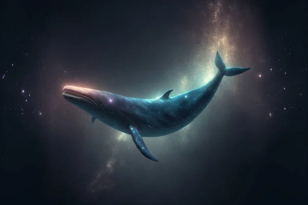 Whale in space floating, Whale outer space travel concept, whale flying in the beautiful sky