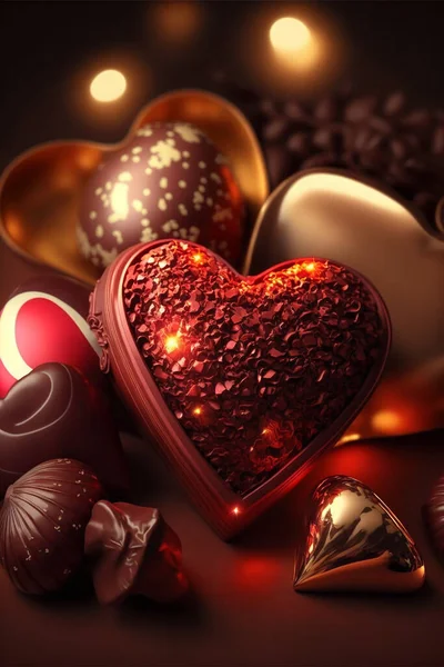 Dulces Chocolate Forma Corazón Mesa Contra Luces Borrosas Celebración Del —  Fotos de Stock