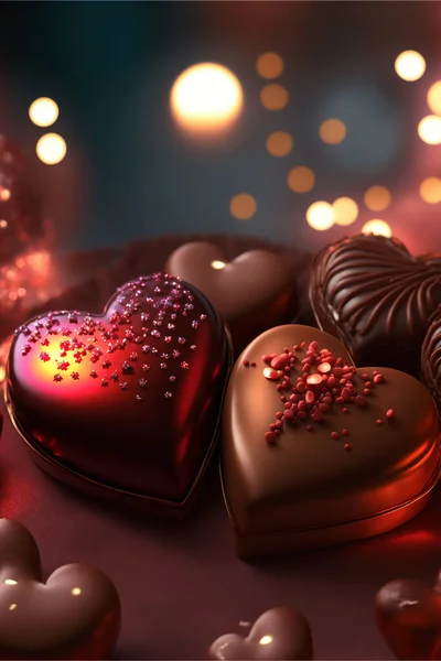 Herzförmige Schokoladenbonbons Auf Dem Tisch Gegen Verschwommenes Licht Valentinstagsfeier — Stockfoto
