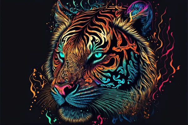 色彩艳丽的虎在迷幻风格的背景 彩虹虎的幻想 霓虹虎的老虎 — 图库照片