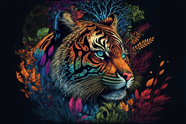 Tigre Coloré Dans Fond Style Psychédélique Rainbow Tiger Fantasy Neon — Photo