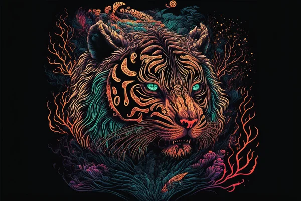 Färgglad Tiger Psykedelisk Stil Bakgrund Rainbow Tiger Fantasi Neon Tiger — Stockfoto
