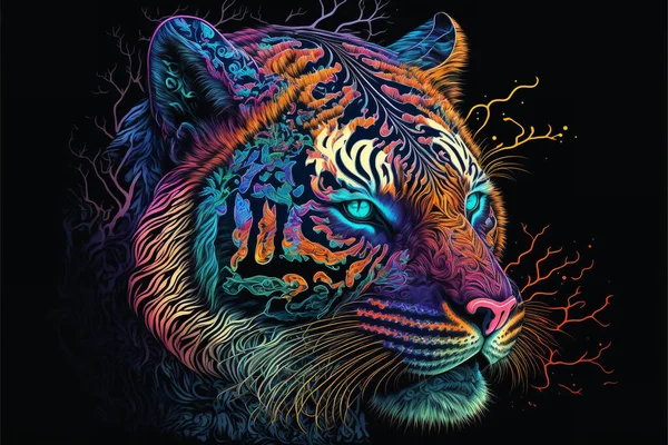 Πολύχρωμο Tiger Ένα Ψυχεδελικό Στυλ Φόντο Rainbow Tiger Φαντασία Neon — Φωτογραφία Αρχείου