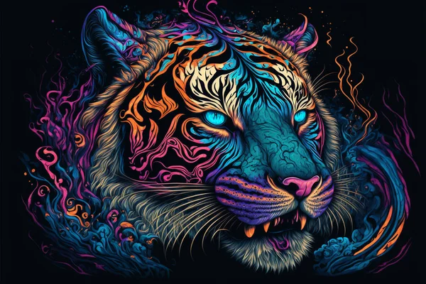 Kolorowy Tygrys Psychodelicznym Tle Tęczowy Tygrys Fantasy Neonowy Tygrys — Zdjęcie stockowe