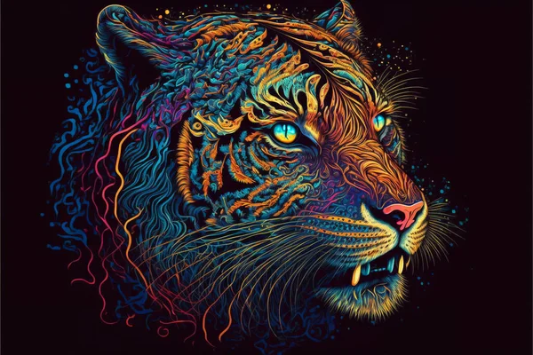 Tigre Coloré Dans Fond Style Psychédélique Rainbow Tiger Fantasy Neon — Photo