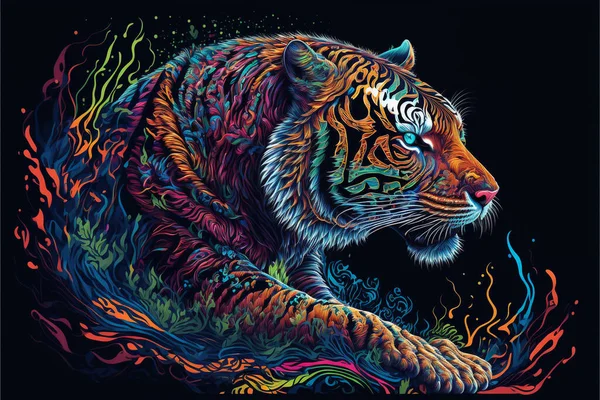 Colorful Tiger Psychedelic Style Background Rainbow Tiger Fantasy Neon Tiger — Stock Photo, Image