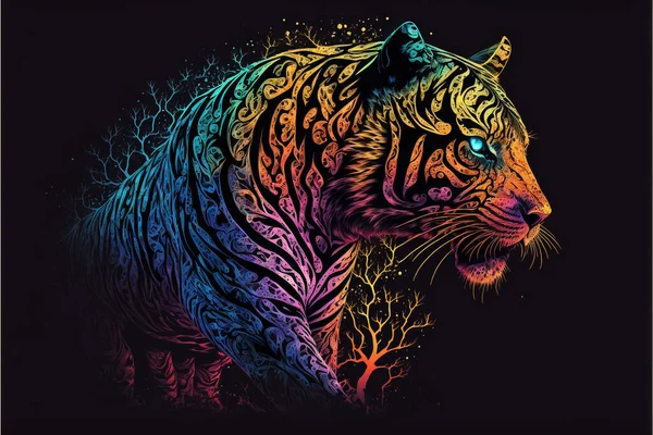 Barevný Tygr Psychedelickém Stylu Pozadí Rainbow Tiger Fantasy Neon Tiger — Stock fotografie