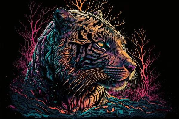 Colorful Tiger Psychedelic Style Background Rainbow Tiger Fantation Neon Tiger — Stok Foto