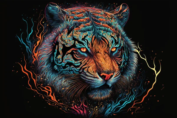 Кольоровий Тигр Психоделічному Стилі Фантазія Rainbow Tiger Neon Tiger — стокове фото
