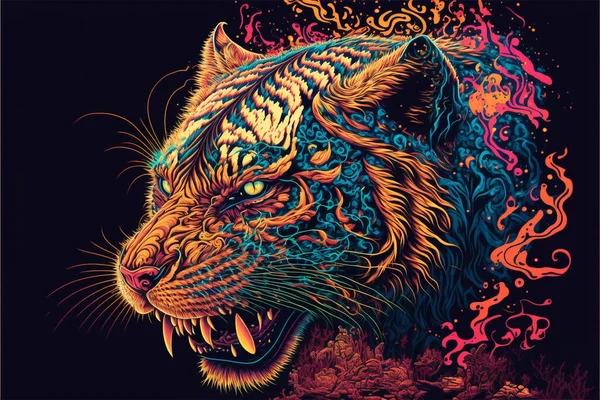 Kolorowy Tygrys Psychodelicznym Tle Tęczowy Tygrys Fantasy Neonowy Tygrys — Zdjęcie stockowe
