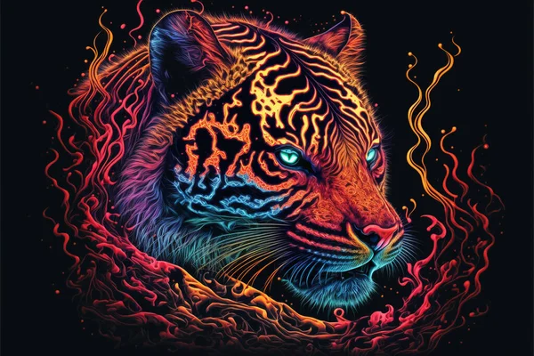 Кольоровий Тигр Психоделічному Стилі Фантазія Rainbow Tiger Neon Tiger — стокове фото