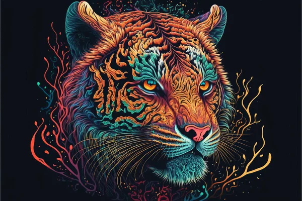 Kleurrijke Tijger Een Psychedelische Stijl Achtergrond Rainbow Tiger Fantasie Neon — Stockfoto