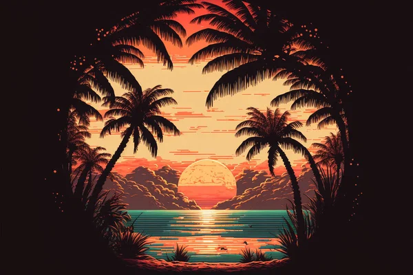 80Er Oder 90Er Jahre Retro Sonnenuntergangslandschaft Abend Strand Mit Palmen — Stockfoto