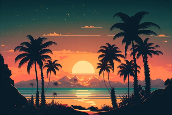 Retro Zonsondergang Landschap Avonds Het Strand Met Palmbomen Kleurrijke Foto — Stockfoto