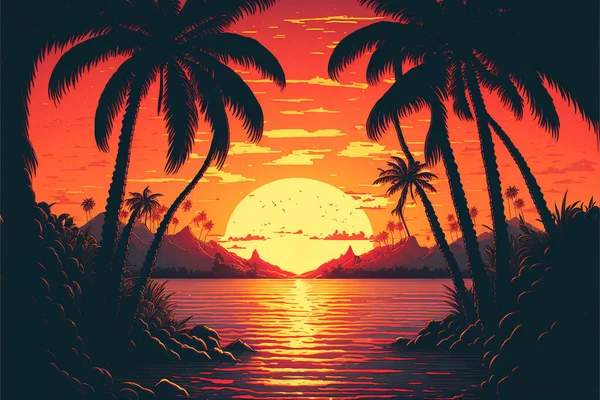80's or 90's retro sunset landscape, Evening on the beach with palm trees, Colorful picture for rest. Palm trees at sunset