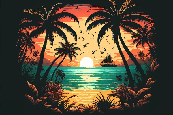 80年代や90年代のレトロな夕日の風景は ヤシの木とビーチで夜 残りのためのカラフルな画像 日没時のヤシの木 — ストック写真