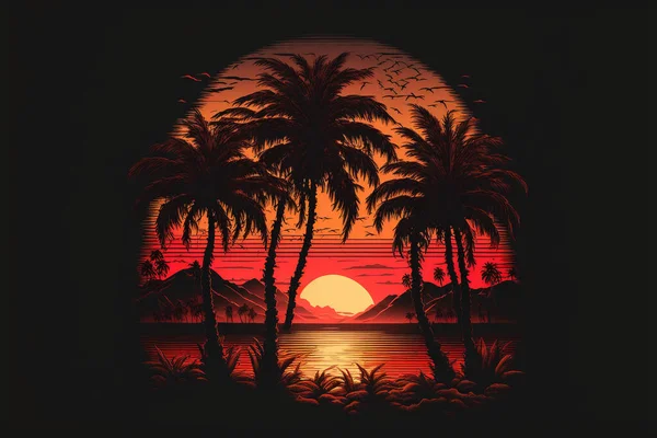 Retro Sunset Landscape Noche Playa Con Palmeras Imagen Colorida Para —  Fotos de Stock