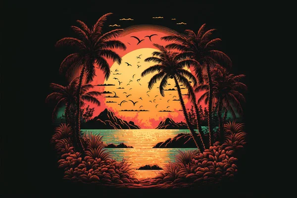 80年代や90年代のレトロな夕日の風景は ヤシの木とビーチで夜 残りのためのカラフルな画像 日没時のヤシの木 — ストック写真