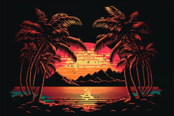 Nebo Retro Západ Slunce Krajina Večer Pláži Palmami Barevný Obraz — Stock fotografie