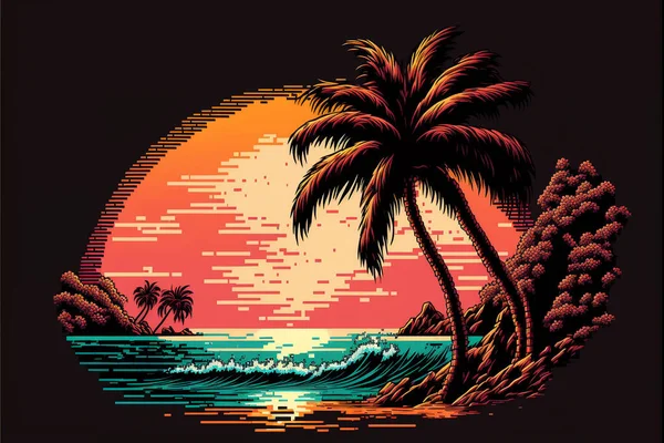 Yılların Retro Günbatımı Manzarası Plajda Palmiye Ağaçları Dinlenmek Için Renkli — Stok fotoğraf