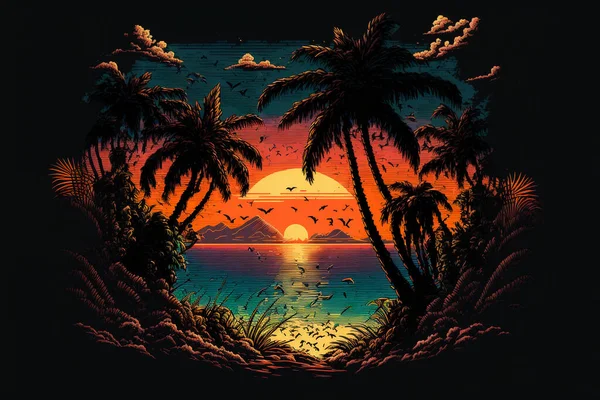 Retro Sunset Landscape Noche Playa Con Palmeras Imagen Colorida Para — Foto de Stock