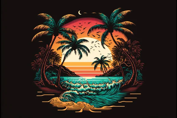 80\'s or 90\'s retro sunset landscape, Evening on the beach with palm trees, Colorful picture for rest. Palm trees at sunset