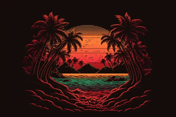 80或90年代的复古日落景观 晚上在沙滩上与棕榈树 彩色图片休息 日落时的棕榈树 — 图库照片